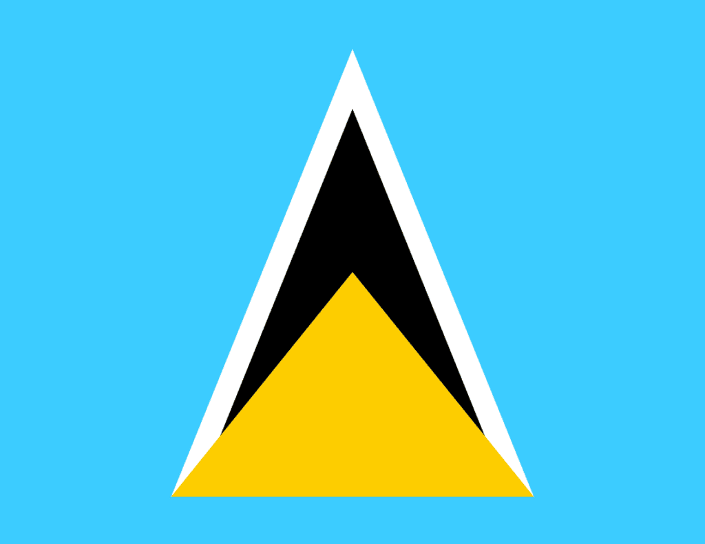 "Flag of Saint Lucia with a blue field, a yellow triangle, and a white-edged black triangle in the center."