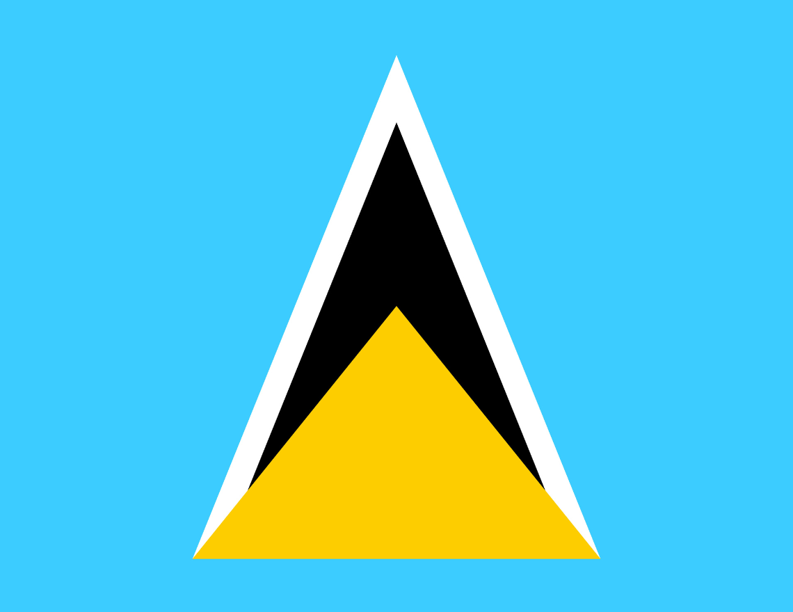 "Flag of Saint Lucia with a blue field, a yellow triangle, and a white-edged black triangle in the center."