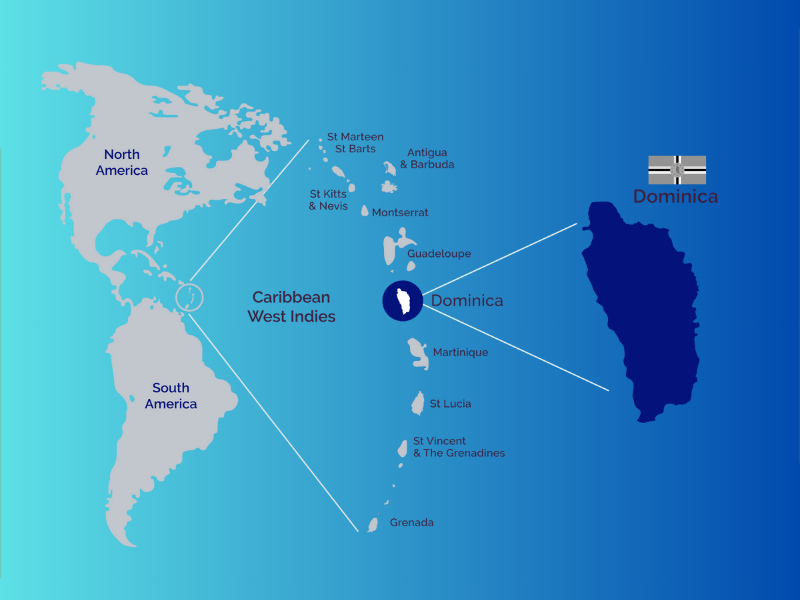 Map of the Commonwealth of Dominica showing its location in the Caribbean Sea, with neighboring islands Guadeloupe to the north and Martinique to the south