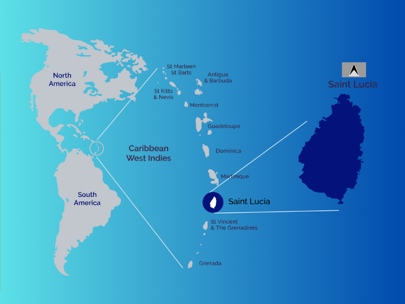 Map of Saint Lucia displaying its location in the eastern Caribbean Sea, with neighboring islands Saint Vincent, Barbados, and Martinique